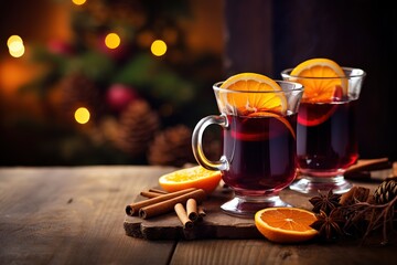 Cup with non-alcoholic mulled wine and a slice of orange, space for text or product, Christmas background, Christmas Eve
