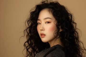 Asian woman with long curly hair and Korean inspired makeup touches her face showcasing flawless skin in a beige backdrop Emphasizing skincare cosmetology and pla - obrazy, fototapety, plakaty