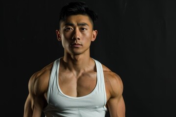 Fototapeta na wymiar Attractive Asian man in good shape on black background