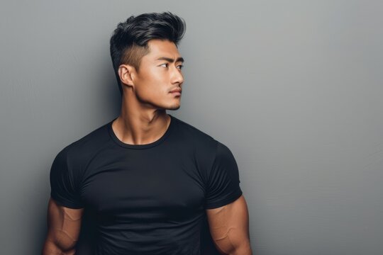 Athletic confident Asian man posing on grey background Young attractive male model in fashion shot muscular build