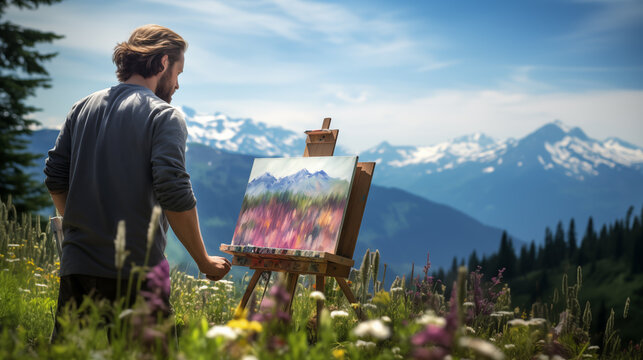 a solitary artist sets up their easel to capture the splendor of the natural world on canvas. In the tranquil stillness of a mountain meadow, changing beauty of nature