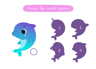 Mini game with cute dolphin for kids. Find the correct shadow of cartoon baby dolphin. Brainteaser for children.