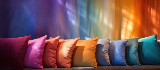 A row of soft, multi-colored pillows is neatly arranged on top of a couch in various vibrant hues. The pillows add a pop of color and comfort to the living room setting.