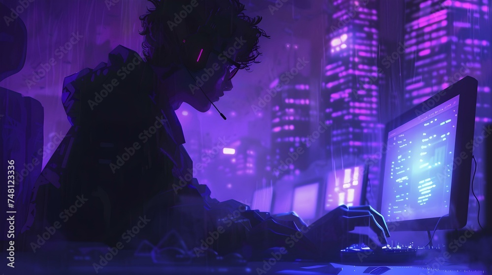 Aufkleber cyberpunk-style programmer working late at night, surrounded by neon lights. futuristic coding scene