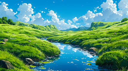 Lush Green Hills with Wildflowers and Serene Sky created with Generative AI technology