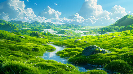 Lush Green Hills with Wildflowers and Serene Sky created with Generative AI technology