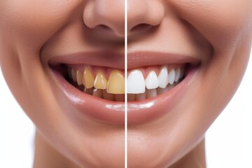 Before and after teeth whitening of a woman symbolizing dental care