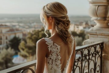 Obraz premium Blond bride posing elegantly at the balcony with stunning view