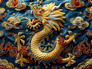 Fototapeta premium Opulent Dragon Embroidery on Luxurious Fabric, Traditional Artistry created with Generative AI technology