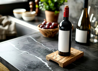 Premium Red Wine Bottle on Rustic Wooden Table, Gourmet Experience created with Generative AI technology