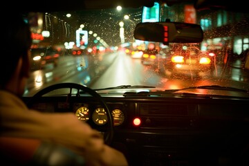 Blurred taxi driver s nighttime road view