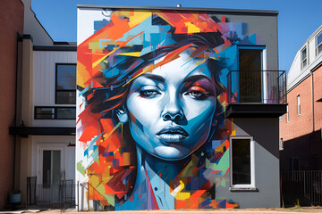 Vivid graffiti depicting the image of a young woman, with vibrant brush strokes and intricate details