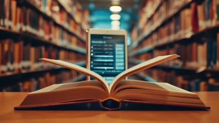 An open hardcover book with an eReader resting on its pages, symbolizing the intersection of traditional reading and digital technology in a classic library setting