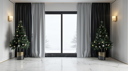 christmas tree in the living room with black curtains, Interior of modern living room with Christmas tree