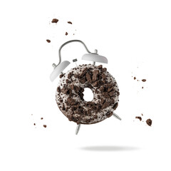 Time for snack dessert. Sweet white coated glazed chocolate donut as alarm clock flying with crumbs isolated on white background. Pastry shop card.