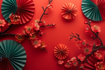 Chinese New Year 2023 artwork Red background with paper fans and blossom flowers