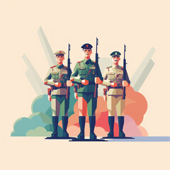 Illustration of a group of soldiers in action. Flat pastel colors.  