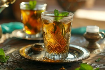 Close up of Moroccan mint tea served in a glass a traditional drink - obrazy, fototapety, plakaty