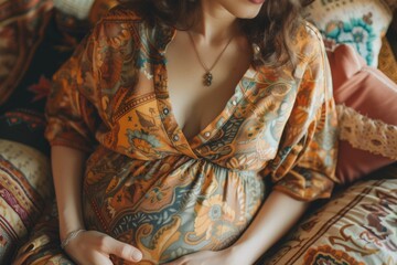 Close up of pregnant woman s belly resting at home holding tummy for skincare health and lifestyle