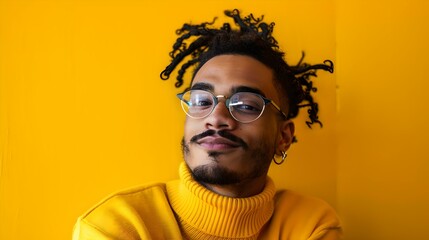 Fototapeta premium Portrait of a stylish young man in yellow sweater. modern casual fashion. clean, minimalist background. conceptualize confidence and positivity. AI