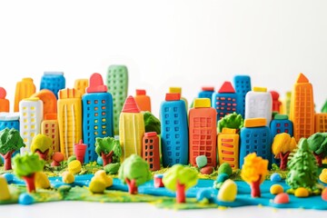 Fototapeta na wymiar Colorful clay plasticine creates a beautiful town dough with tall buildings and trees under a bright sky known for its fresh air