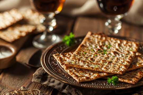 Overhead view of a traditional matzah bread a food eaten during passover