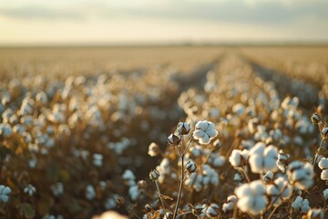 Cotton fields in the southern US ready for harvest with ripe bolls in the foreground and rows stretching to the horizon