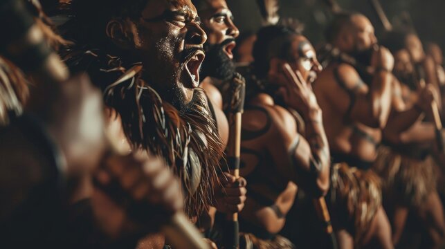 In a powerful haka a group of Maori warriors chant and stomp their feet their powerful bodies adorned with feathers and traditional clothing.