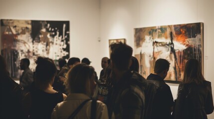 An unfocused crowd of art enthusiasts gathered in a gallery, engrossed by the display of artworks in various styles and mediums.