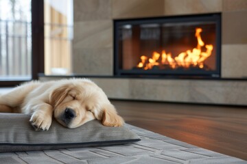 Golden retriever puppy sleeping on vinyl panels in living room visible fireplace in background