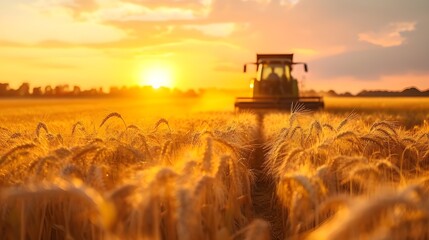 Fototapeta premium Farm worker harvesting wheat in the golden sunset