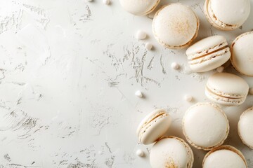 Fototapeta na wymiar Delicious white macarons on white background top view