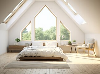 a modern bedroom with a sloped ceiling and skylights. The room is decorated in a contemporary style with a gray and white  color scheme. 