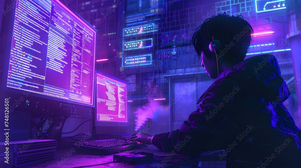 Aufkleber cyber security expert analyzing data on multiple monitors at night. tech-themed image with a futuris