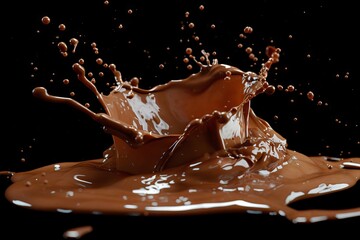 Detailed splashes of melted chocolate frozen in motion isolated on a black background Abstract sweet backdrop