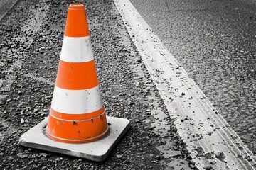 Detailed picture of road sign orange cone with white stripes on gray road - Powered by Adobe