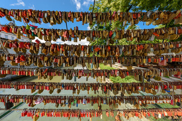 Ljubljana, Slovenia - June 27, 2023: Mesarski most - Butchers' Bridge with locks Ljubljana,...
