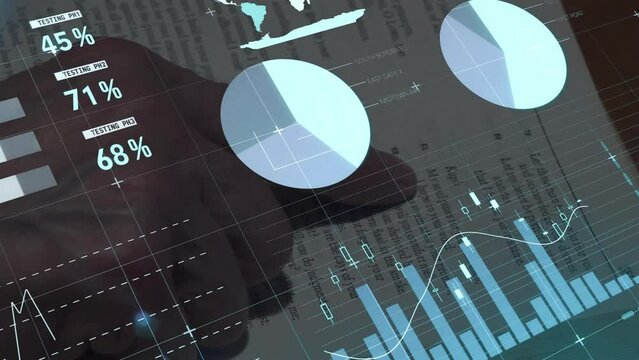 Animation of data processing, stock market and world map over caucasian woman reading bible