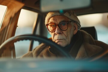 Elderly man in car with glasses driving road safety life insurance