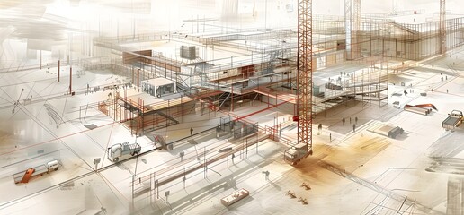 Construction site illustration depicting urban development. artistic and stylized interpretation of a busy work scene. concept art. AI