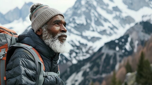 portrait of an Afroamerican man in a black jacket, hiking in the mountains. Snow background. Outdoor concept. Travel image style. For shop, banner, design, poster, advertisement