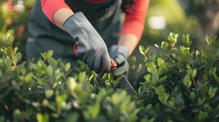 a woman's hands in gloves pruning bushes