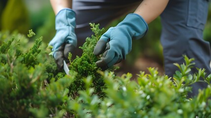 a woman's hands in gloves pruning bushes - obrazy, fototapety, plakaty