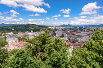 Fototapeta na wymiar Ljubljana, Slovenia - June 27, 2023: Beautiful downtown Ljubljana City.