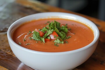Gazpacho or tomato soup with added ingredients in a bowl
