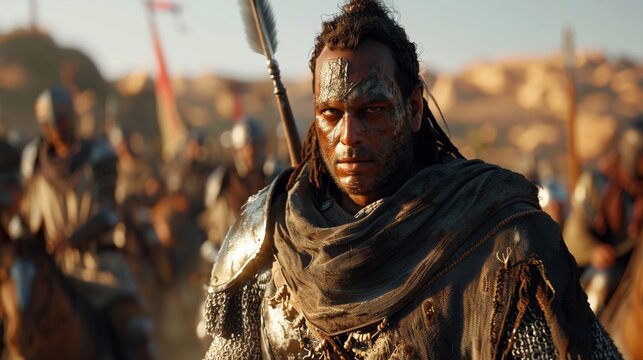 A seasoned warrior with a scarred face and a determined gaze riding confidently into battle with his fellow lancers by his side.