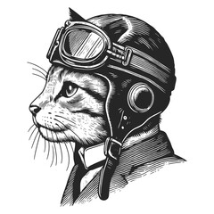 cat wearing classic pilot goggles and helmet vintage sketch engraving generative ai vector illustration. Scratch board imitation. Black and white image.