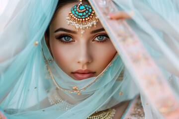 Gorgeous Indian bride in traditional attire adorned with makeup and jewelry alongside a Bollywood dancer in a Sari and an Arabian bellydancer