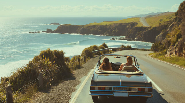 Happy couple love and family drive a classic car with amazing sea ocean and beach view from road along the sea in summer road trip in holiday