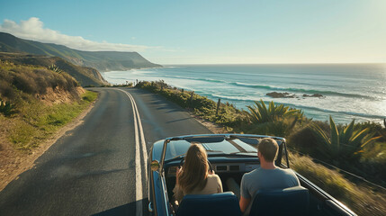 Happy couple love and family drive a classic car with amazing sea ocean and beach view from road along the sea in summer road trip in holiday